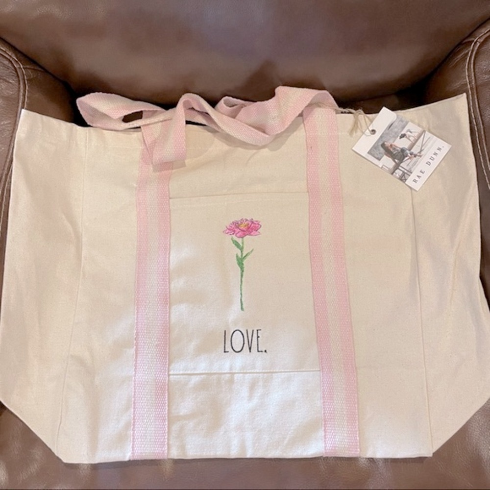 Rae Dunn LOVE with Pink Flower Canvas Tote BRAND NEW!!